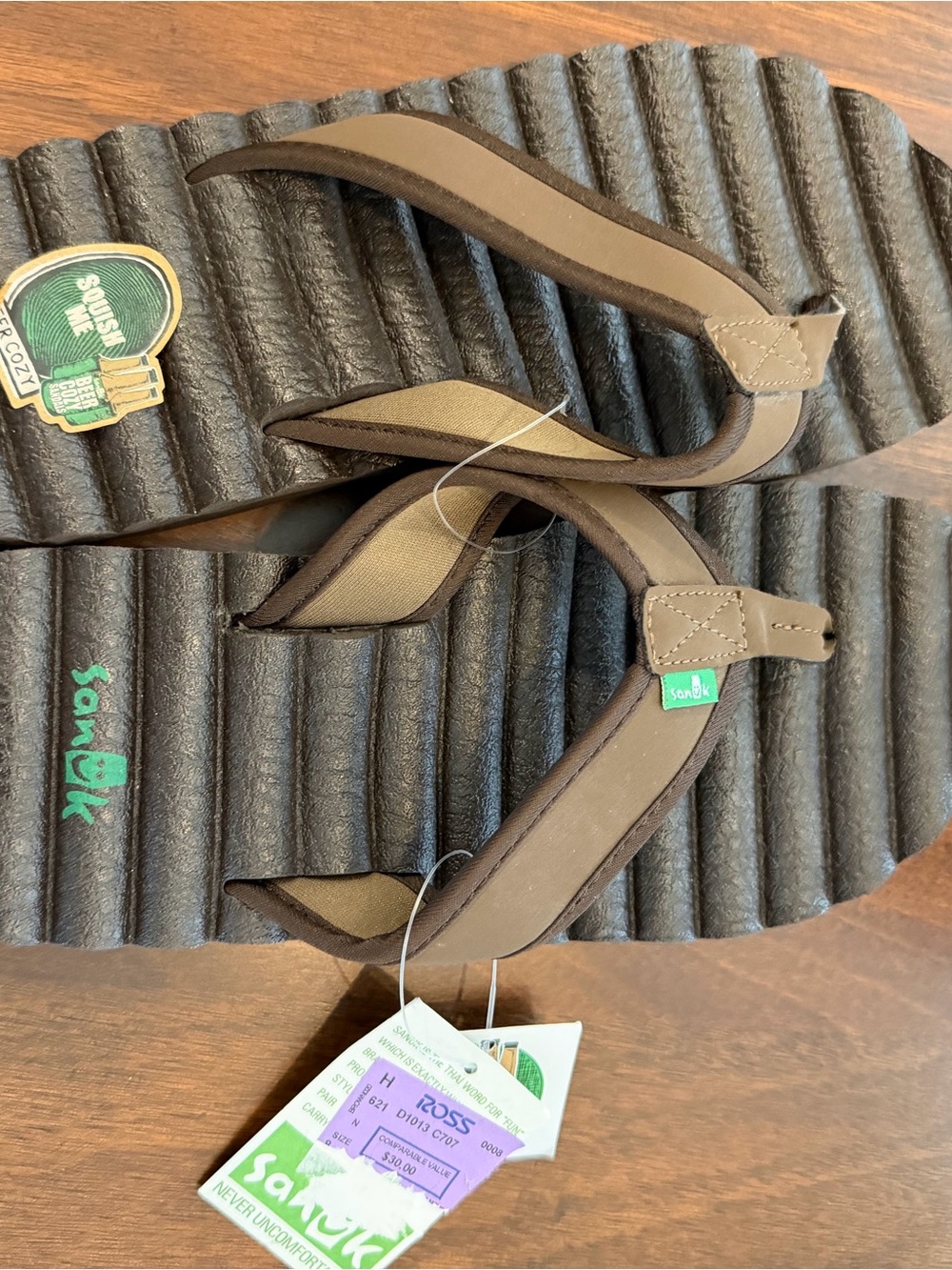 Sanuk Brown and Green Foam Sandals with Wide Straps